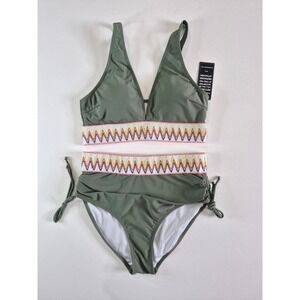 Blooming Jelly Womens Olive Green Embroidered High Waisted Bikini Set Medium